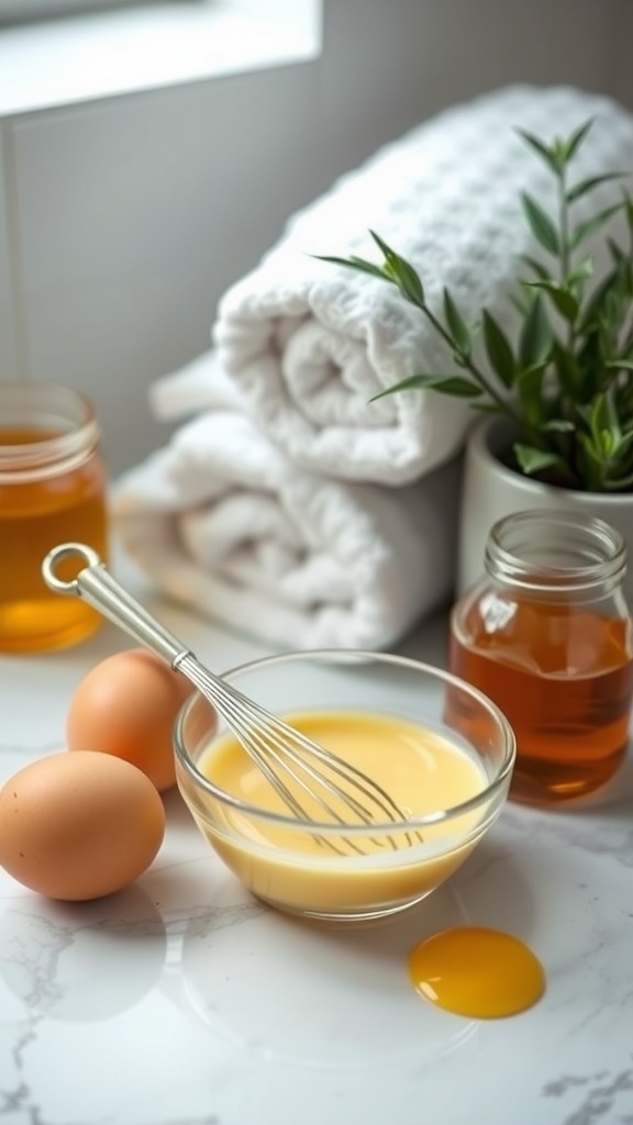 DIY egg face mask ingredients including egg, honey, and a whisk in a serene bathroom setting.
